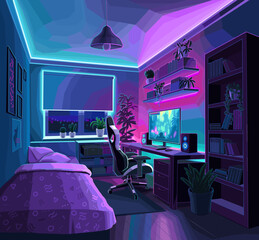 Typical interior design of a very cozy bedroom of a teenage game - 579753902