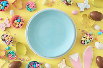 Easter celebration idea. Top view photo of empty circle plate rabbit bunny ears chocolate eggs...