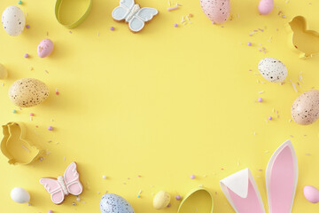 Easter celebration idea. Top view photo of colorful easter eggs rabbit bunny ears cookies sprinkles and baking molds on isolated yellow background with empty space in the middle