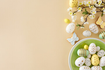 Easter decor idea. Top view photo of circle plate with colorful easter eggs butterfly shaped cookies and spring blossom branch on isolated beige background with empty space