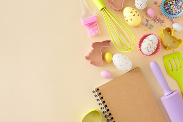 Easter cooking idea. Top view photo of colorful easter eggs book of recipes kitchen utensils baking molds and sprinkles on isolated beige background with copyspace