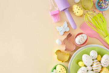 Fototapeta na wymiar Easter cooking idea. Top view photo of colorful easter eggs in circle plate kitchen utensils baking molds butterfly cookies and sprinkles on isolated beige background with empty space