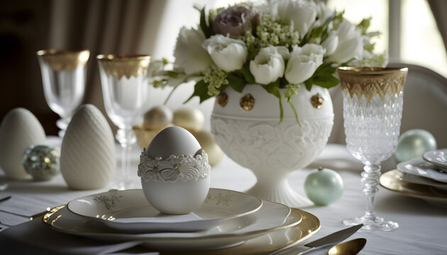 Easter decorated table, luxurious exclusive, beautiful white China tableware, flowers in white vases, pastel Easter eggs, white Linon table cloth, award winning photo 