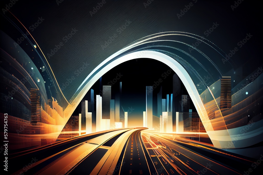 Wall mural abstract highway path through digital smart city graphic design. peculiar image. generative ai