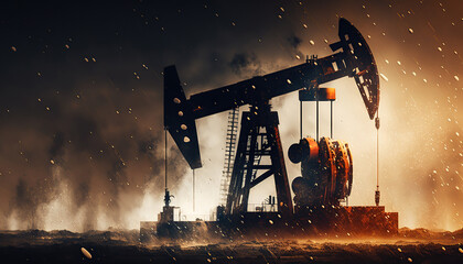 Oil pump, fuel produce illustration. Industrial background with copy space. AI generative image.