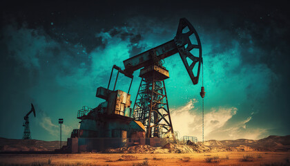 Oil pump, fuel produce illustration. Industrial background with copy space. AI generative image.