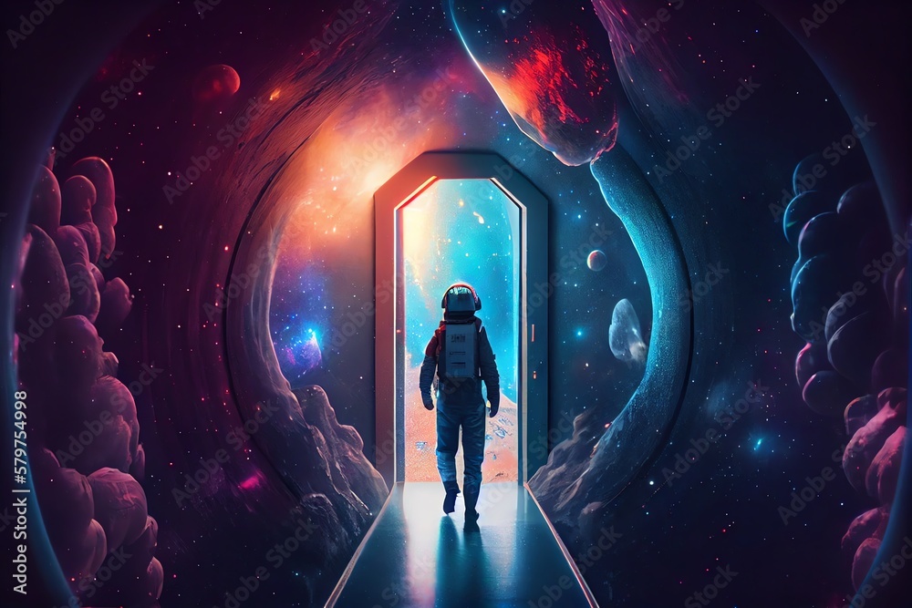 Canvas Prints along the tunnel, a space traveller enters the universe. traveling to far off stars and galaxies in 