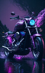 Naklejka na ściany i meble Custom motorcycle graphic image in vibrant volumetric pink lighting and with a reflection image at the bottom. Splashes and streams of purple light on the back. Cruiser and touring motorcycles.