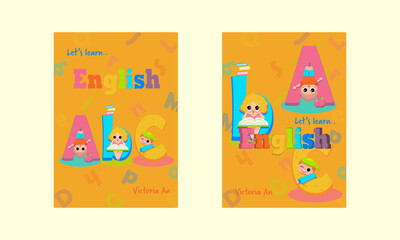 Mock up for english book cover for children with illustration of children on big letters ABC studying “Let’s learn English”