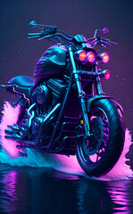 Obraz na płótnie Canvas Custom motorcycle graphic image in vibrant volumetric pink lighting and with a reflection image at the bottom. Splashes and streams of purple light on the back. Cruiser and touring motorcycles.