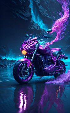 Custom motorcycle graphic image in vibrant volumetric pink lighting and with a reflection image at the bottom. Splashes and streams of purple light on the back. Cruiser and touring motorcycles.

