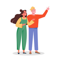 Man and woman stand together and talk. Positive communication between people.Young couple look at each other and are happy. Friends met and embrace. Vector illustration isolated on white background