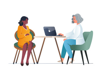 Pregnant woman visits her gynecologist doctor in the medical office. Female doctor talks with woman expecting a baby. Physician consultation and check up during pregnancy concept. Vector illustration