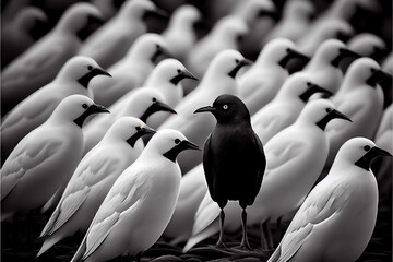 Obraz premium Standing away from the crowd concept. A white bird alone against a background of a flock of black birds.