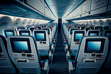 Fototapeta premium Aircraft cabin interior, economy class. Generated by artificial intelligence.