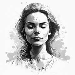 Black and white portrait of a woman with long hair, eyes closed in peace - AI Generated Work