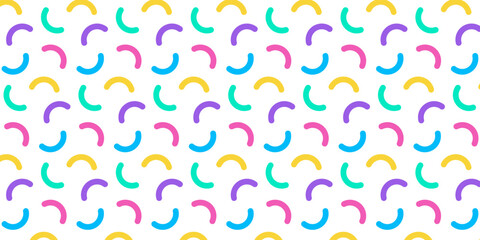 Colorful memphis style geometric pattern on white background. Vector illustration
