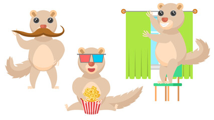 Set Abstract Collection Flat Cartoon Different Animal Tupaia Watching A Movie With Popcorn, Twists His Mustache, Hangs Curtains Vector Design Style Elements Fauna Wildlife