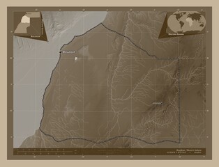 Boujdour, Western Sahara. Sepia. Labelled points of cities