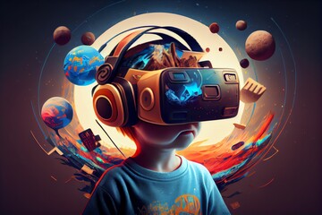 Kid Using Virtual Reality Glasses To Play Video Games In The Metaverse. Child With VR Device And Digital Elements Around His Head. Generative AI