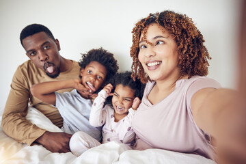 Black family, selfie and funny face portrait in home bedroom, smile and having fun together....