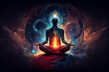 Man Sitting In Yoga Lotus Pose And His Connection To Space. Generative AI