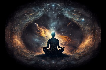 Man Sitting In Yoga Lotus Pose And His Connection To Space. Generative AI