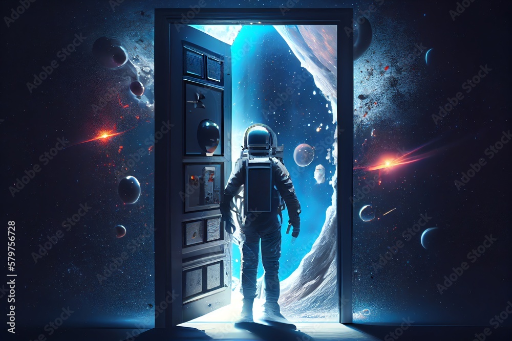 Wall mural new worlds of galaxies are discovered by an astronaut and cosmonaut in a fantastical portal to the v