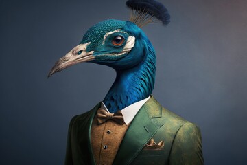 Portrait of a peacock dressed in a formal business suit, generative ai