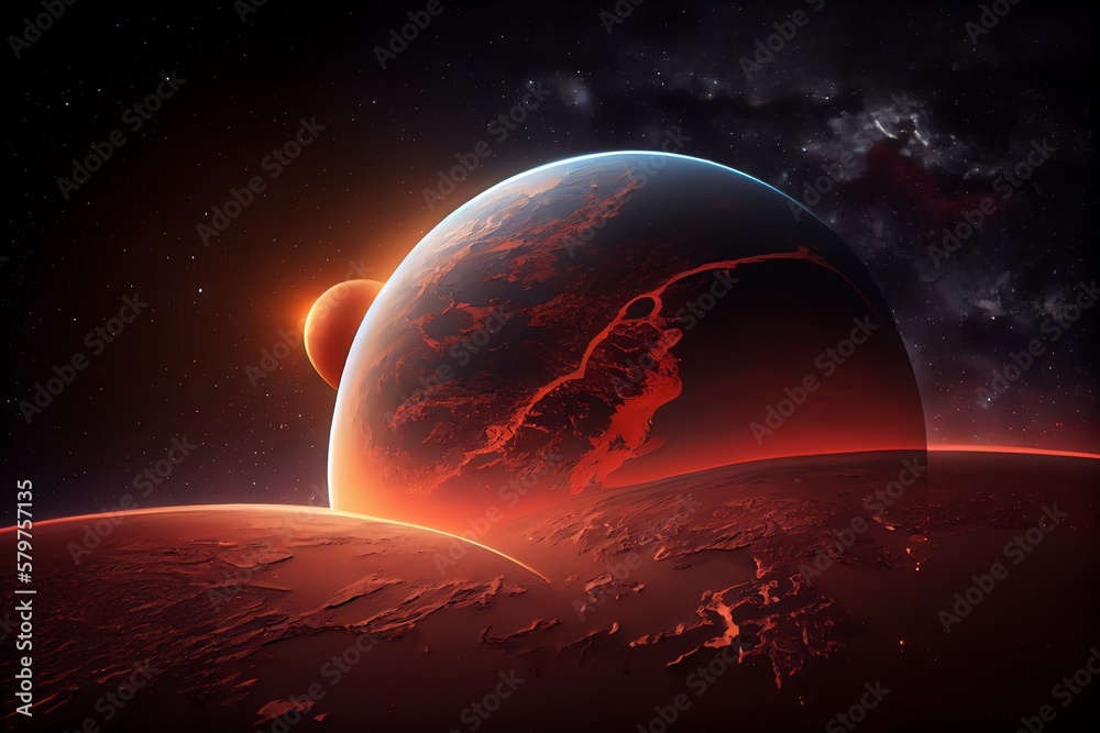 Wall mural view of earth from orbit with city lights at night. mars in its red color in the night sky. two plan