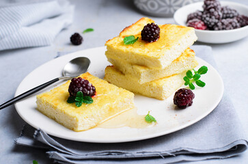 Cottage Cheese Casserole, Homemade Dessert on Bright Background