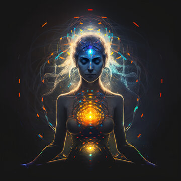 Woman meditating with a glowing aura surounding her. Chakras glowing in her stomac, chest and 3rd eye - AI Generated Illustation Concept