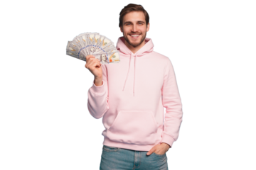 Portrait of a joyful young man holding money cash and celebrating isolated over transparent background