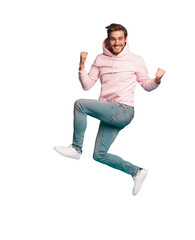 Full size photo of young happy excited smiling positive man jumping isolated on transparent background