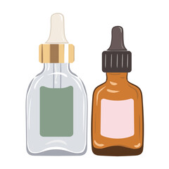 Serums with dropper in green and transparent glass bottles. Vector illustration