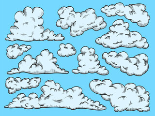 Vintage engraved clouds. Set of retro sketch clouds.