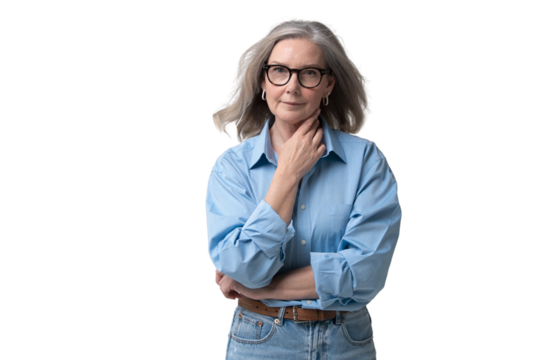 Elegant mid adult woman against transparent background. Stylish mature woman in blue casuals looking at camera and smiling