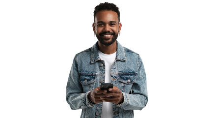 Portrait of handsome excited cheerful joyful delightful guy wearing casual sending and getting messages to his lover isolated against transparent background