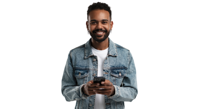 Portrait of handsome excited cheerful joyful delightful guy wearing casual sending and getting messages to his lover isolated against transparent background