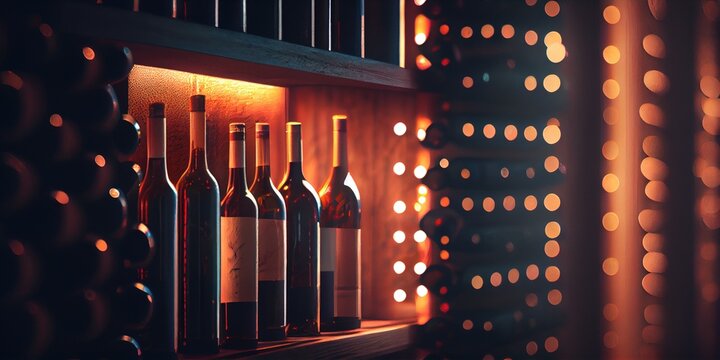 Wine on wooden table. Wine shop with bottles. Bar, bottles of wine close-up. Generative AI