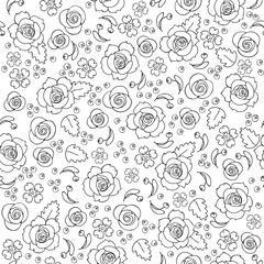 Seamless vintage floral pattern with black line roses on white background.