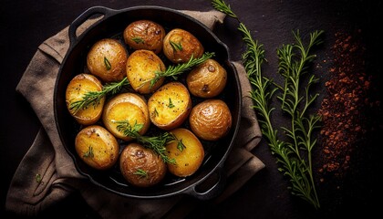 Baked potatoes in a cast iron skillet, dark background, top view. Generative AI.