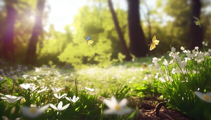 Forest glade with lots of white spring flowers and butterflies on a sunny day. Generative AI.