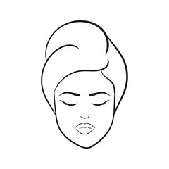 Woman with closed eyes with towel on the head line icon. Vector