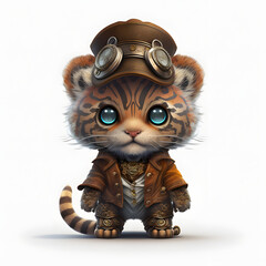 chibi tiger wide head and cute face in clothes portrait, steampunk style clothing, facing forward, isolated on white background - obrazy, fototapety, plakaty