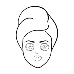 Woman with cucumber slices on eyes and with towel on head line icon. Vector