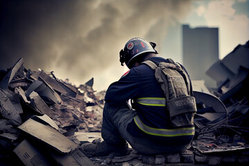 The hero rescuer or firefighter sits on the rubble of a house after an earthquake or fire.