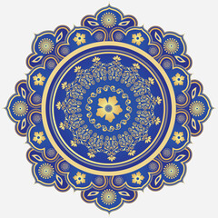 Blue and golden mandala with wavy doodle elements on a white background. Vector image