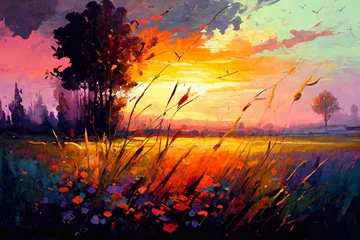 Foto auf Acrylglas Malerische Inspiration A summer evening landscape. Generative AI