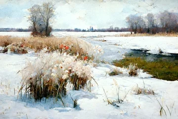 Papier Peint photo Inspiration picturale A winter landscape with a meadow is a beautiful scenery that takes your breath away. Generative AI